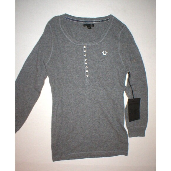 New Womens Designer True Religion Jeans Gray Sweater Top NWT M Henley Cashmere - Picture 1 of 4
